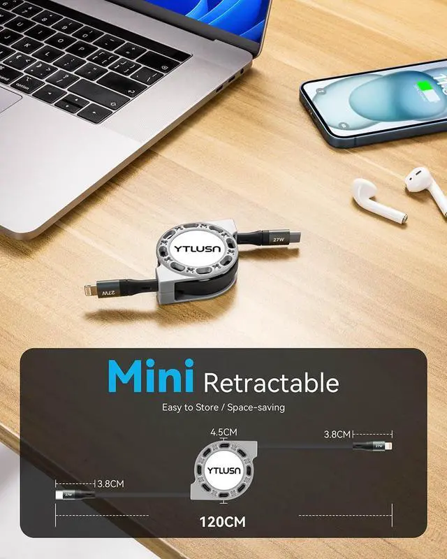 Alt view image 7 of 7 - Retractable USB Type C Lightning Cable 4Ft 2Pack Colide iPhone Charger Fast Charging for Car Mini USBC iPhone Cord for iPhone 14/13/12/11 Series/SE/iPad/CarPlay