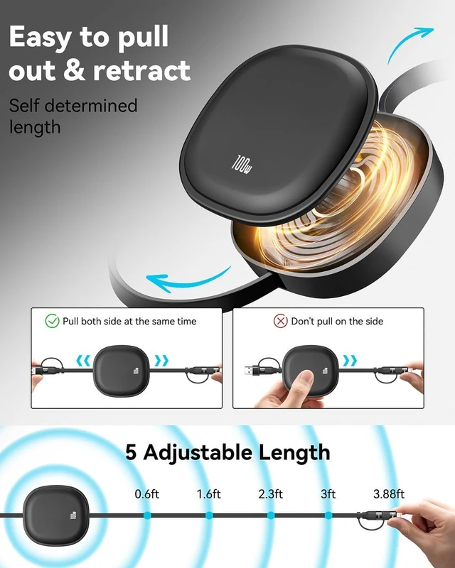 Alt view image 4 of 7 - 5 in 1 Retractable Cable Charging Cords for Multiple Devices 100W 2Pack