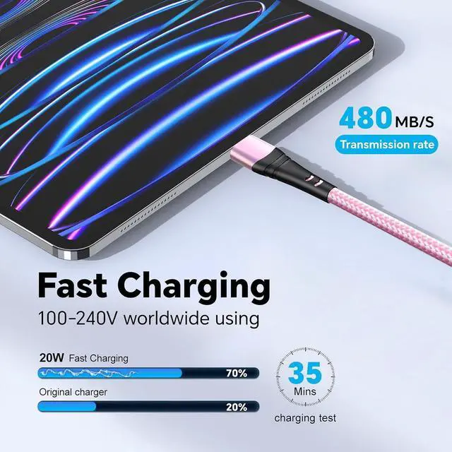Alt view image 2 of 7 - USB C to USB C Cable 2Pack 100W USB C to Type C Cable Fast Charge 10FT Long USB C Cable Compatible with Phone 16 15 Pro Plus Pro Max for S24 S23 for Pad Pro for Galaxyy S24 S23 S22 and More-Pink