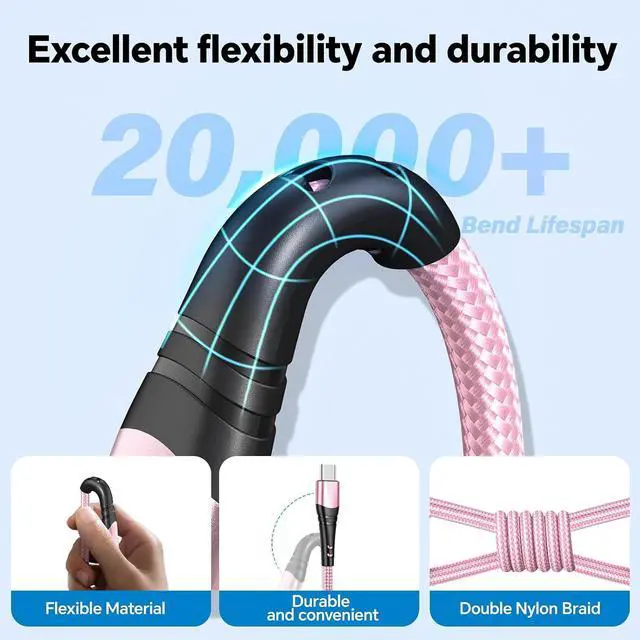 Alt view image 4 of 7 - USB C to USB C Cable 2Pack 100W USB C to Type C Cable Fast Charge 10FT Long USB C Cable Compatible with Phone 16 15 Pro Plus Pro Max for S24 S23 for Pad Pro for Galaxyy S24 S23 S22 and More-Pink