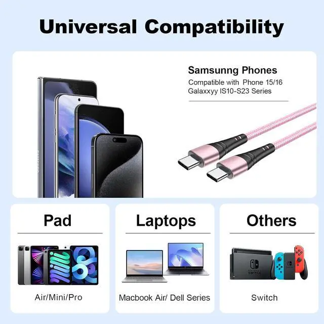 Alt view image 6 of 7 - USB C to USB C Cable 2Pack 100W USB C to Type C Cable Fast Charge 10FT Long USB C Cable Compatible with Phone 16 15 Pro Plus Pro Max for S24 S23 for Pad Pro for Galaxyy S24 S23 S22 and More-Pink