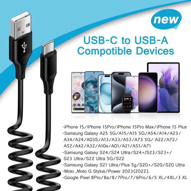 Alt view image 7 of 7 - S24 Ultra FE Coiled USB C to USB A Cable Fast Charging for Galaxy S24+/S23/S22/S21 S25/S25+ 3FT Retractable Android Phone Car Charger Cord for iPhone 16 15 Pro Max Plus Google Pixel 9/8/7/6