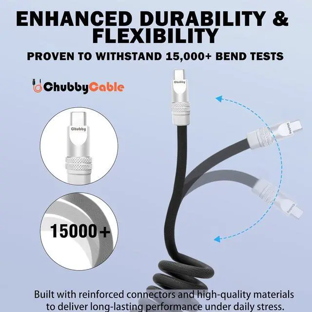 Alt view image 2 of 7 - Curly Chubby - Retractable Fast Charging Cable 240W Coiled Charger Cord for Car Durable USB-C Cable for Phones Tablets and More Orange Type-C to Type-C 1.3FT-2.3FT