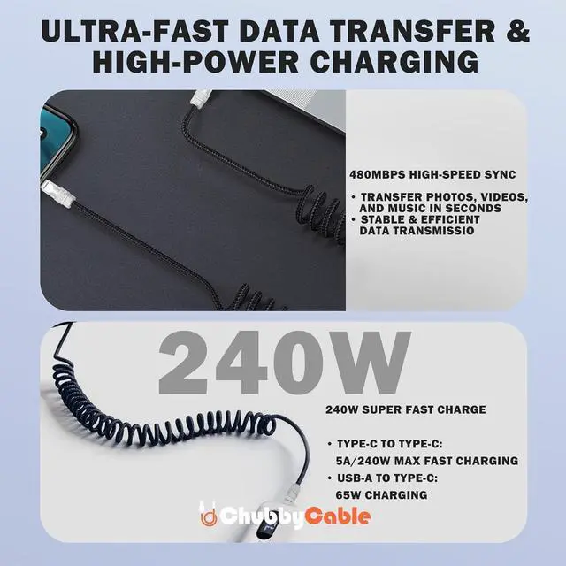 Alt view image 4 of 7 - Curly Chubby - Retractable Fast Charging Cable 240W Coiled Charger Cord for Car Durable USB-C Cable for Phones Tablets and More Orange Type-C to Type-C 1.3FT-2.3FT