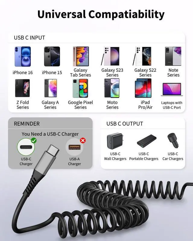 Alt view image 7 of 7 - Coiled USB C to USB C Cable 3FT 2Pack Retractable Car Charger Cord Type C to C Cable Fast Charging for iPhone 16 15 Pro Max iPad MacBook  Galaxy S23 S24 USBC to USBC Cables for Car