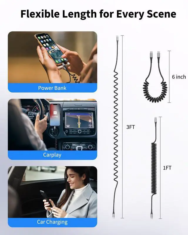 Alt view image 6 of 7 - Coiled USB C to USB C Cable 3FT 2Pack Retractable Car Charger Cord Type C to C Cable Fast Charging for iPhone 16 15 Pro Max iPad MacBook  Galaxy S23 S24 USBC to USBC Cables for Car