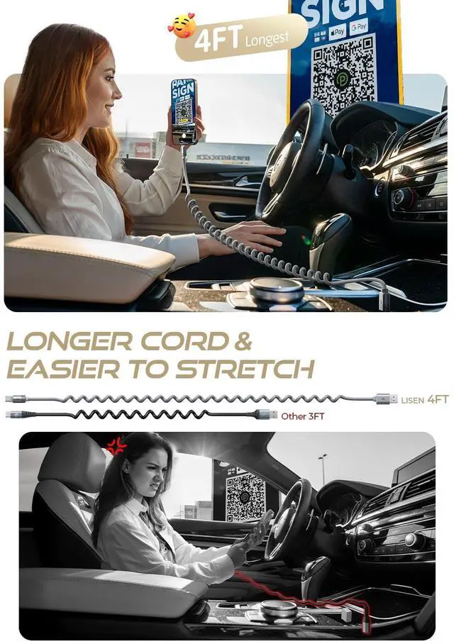 Alt view image 4 of 7 - Coiled USB C Cable 2 Pack for Android Auto & CarPlay Cable 4FT Short USB A to USB C Cable Compatible with iPhone 16/15  Galaxy S25/S24/S23 A15/A14 Google Pixel 9/8 Moto OnePlus TCL