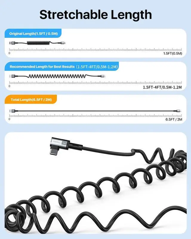 Alt view image 3 of 7 - Coiled USB C Cable Right Angle USB A to USB C Coiled Cable for Android Auto/Carplay USB Type C Fast Charging Recommended Length [1.5FT-4FT 2Pack] for iPhone 16/15 Series for  S25 S24 S23