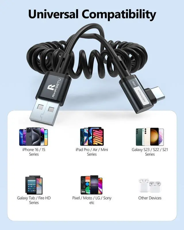 Alt view image 4 of 7 - Coiled USB C Cable Right Angle USB A to USB C Coiled Cable for Android Auto/Carplay USB Type C Fast Charging Recommended Length [1.5FT-4FT 2Pack] for iPhone 16/15 Series for  S25 S24 S23