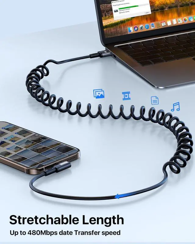 Alt view image 6 of 7 - Coiled USB C Cable Right Angle USB A to USB C Coiled Cable for Android Auto/Carplay USB Type C Fast Charging Recommended Length [1.5FT-4FT 2Pack] for iPhone 16/15 Series for  S25 S24 S23