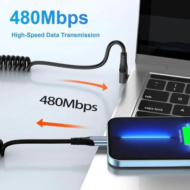 Alt view image 3 of 7 - Coiled USB C to C Cable - 90 Degree Type C Charger Cord for Car with 60W Fast Charging and Retractable Spring Spiral Design