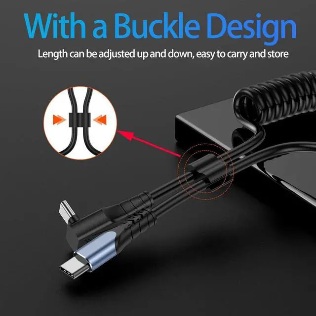 Alt view image 5 of 7 - Coiled USB C to C Cable - 90 Degree Type C Charger Cord for Car with 60W Fast Charging and Retractable Spring Spiral Design