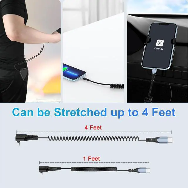 Alt view image 7 of 7 - Coiled USB C to C Cable - 90 Degree Type C Charger Cord for Car with 60W Fast Charging and Retractable Spring Spiral Design