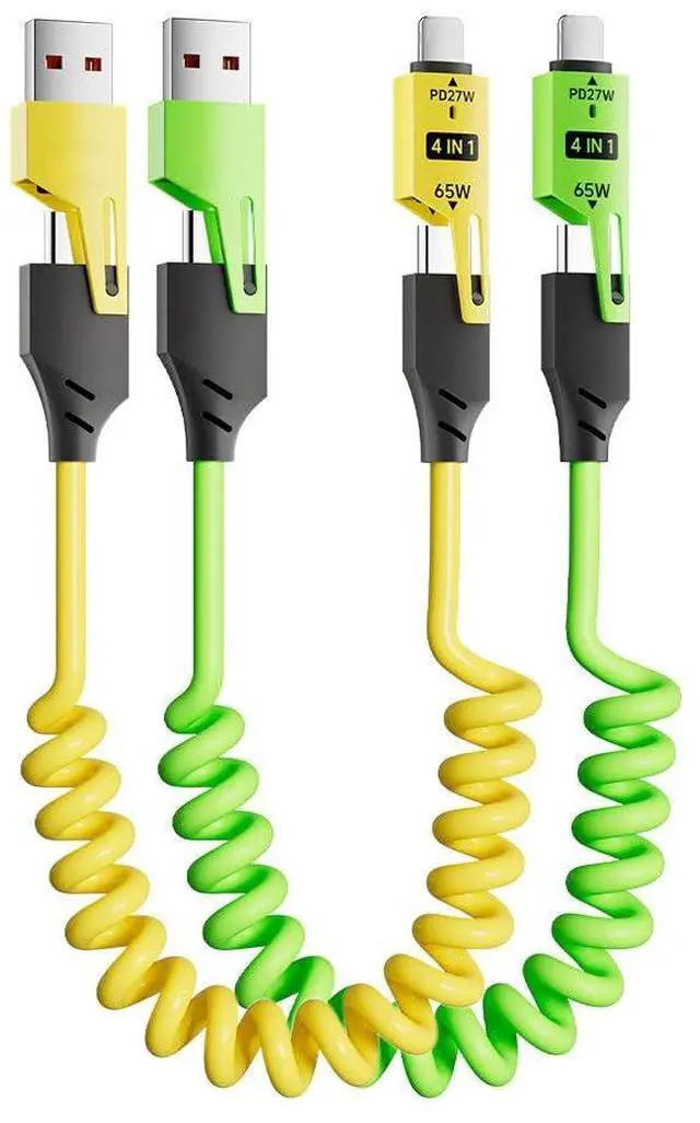 4 in 1 Spring Fast Charging Cable (2Pack) 65W USB-C PD Multi Fast Charging 1.2m/4ft Coiled Retractable Cable for iPhone  Laptop - Yellow+Green