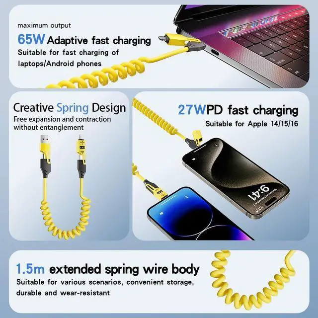 Alt view image 3 of 6 - 4 in 1 Spring Fast Charging Cable (2Pack) 65W USB-C PD Multi Fast Charging 1.2m/4ft Coiled Retractable Cable for iPhone  Laptop - Yellow+Green