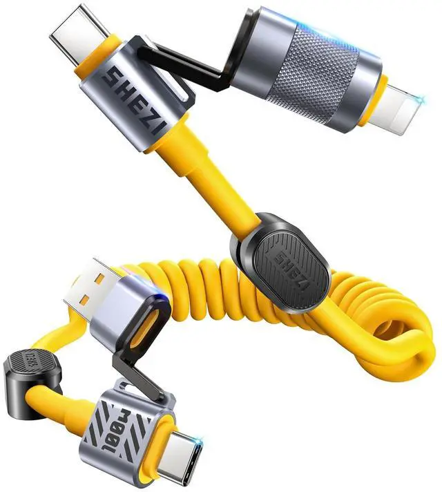 Main image of 4-in-1 Coiled USB C Cable for Car 5FT [100W Fast Charging] Compatible with Lightning Cable [CarPlay & Android Auto] Multi Charger Cord Combo with L/Type C/USB A Ports for iPhone/iPad (Yellow)