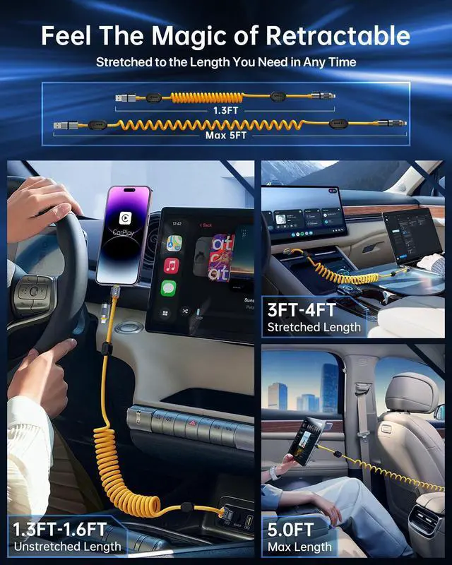 Alt view image 5 of 6 - 4-in-1 Coiled USB C Cable for Car 5FT [100W Fast Charging] Compatible with Lightning Cable [CarPlay & Android Auto] Multi Charger Cord Combo with L/Type C/USB A Ports for iPhone/iPad (Yellow)