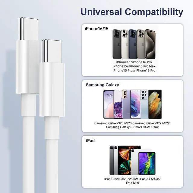 Alt view image 3 of 7 - USB C to USB C Charging Cable 3Pack 6ft 60W Type C to Type C Fast Charger Cord for iPhone15/Pro/Max/mini/Plus/iPad Pro iPad mini iPad Max Air5 MacBook Air