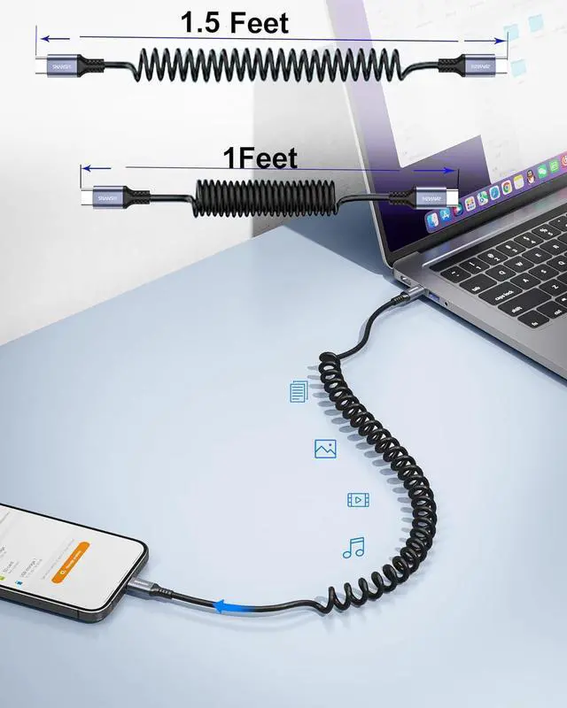 Alt view image 4 of 7 - 2Pack Car Carplay Coiled USB C Cable 1ft - USB C Cable for Car Coiled USBC Charger Cable Compatible with iPhone 16/15/Plus/Pro/Pro Max/ Galaxy S24