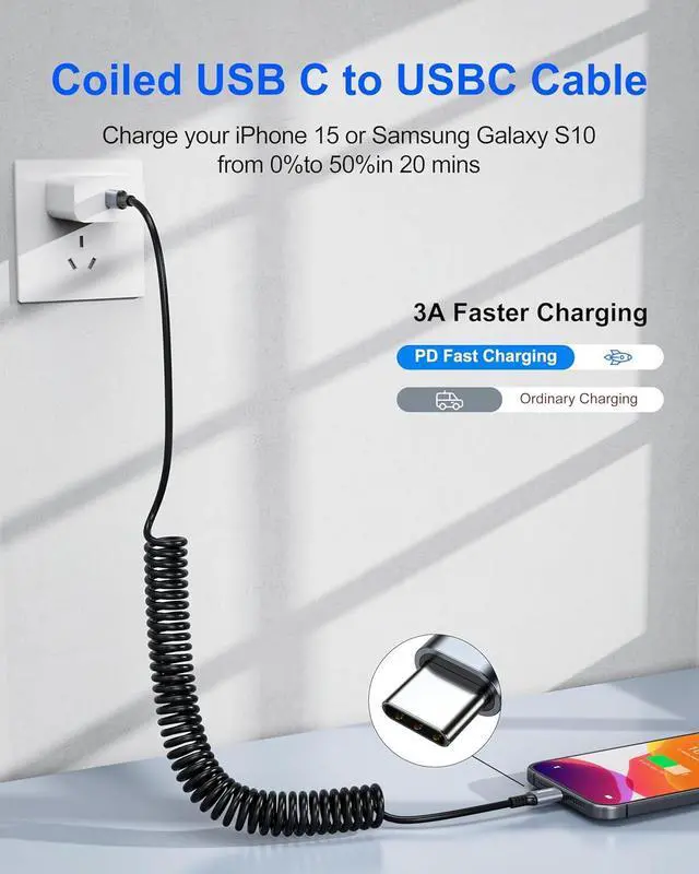 Alt view image 5 of 7 - 2Pack Car Carplay Coiled USB C Cable 1ft - USB C Cable for Car Coiled USBC Charger Cable Compatible with iPhone 16/15/Plus/Pro/Pro Max/ Galaxy S24