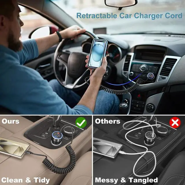 Alt view image 3 of 7 - Coiled USB C Cable for Car USB c to USB c iPhone 16 Carplay Cable 60W Fast Charging 3FT Retractable Type C Android Auto Car Charger Cord for  Galaxy S25 S24 S23 A56 A16 iPhone 16 15 Pro