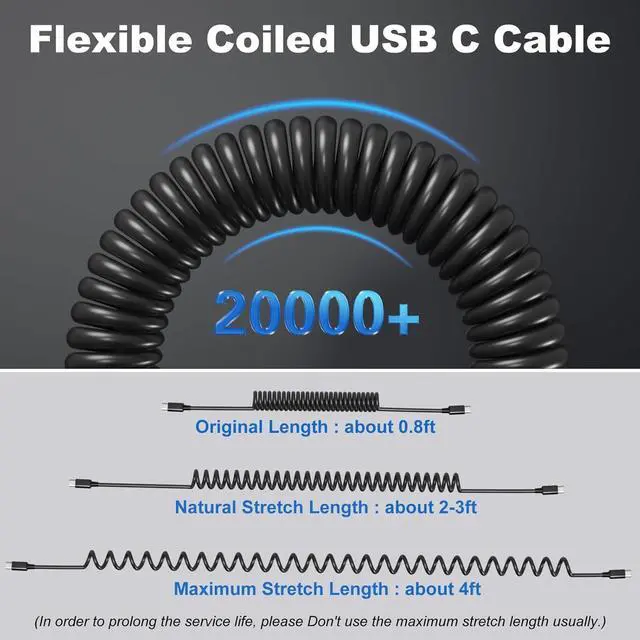 Alt view image 4 of 7 - Coiled USB C Cable for Car USB c to USB c iPhone 16 Carplay Cable 60W Fast Charging 3FT Retractable Type C Android Auto Car Charger Cord for  Galaxy S25 S24 S23 A56 A16 iPhone 16 15 Pro
