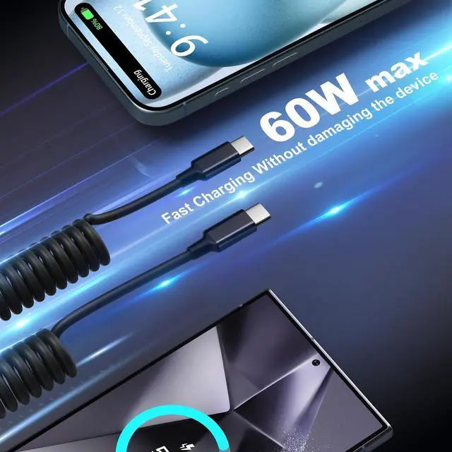 Alt view image 6 of 7 - Coiled USB C Cable for Car USB c to USB c iPhone 16 Carplay Cable 60W Fast Charging 3FT Retractable Type C Android Auto Car Charger Cord for  Galaxy S25 S24 S23 A56 A16 iPhone 16 15 Pro