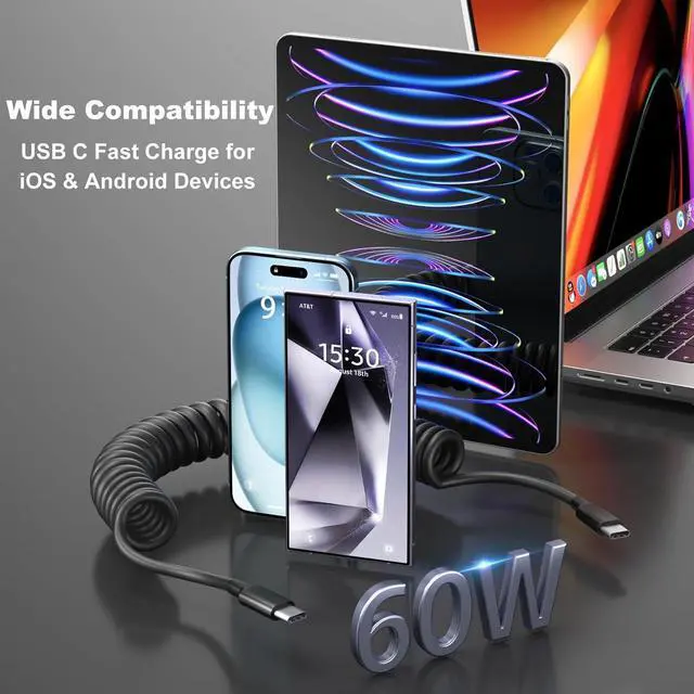 Alt view image 7 of 7 - Coiled USB C Cable for Car USB c to USB c iPhone 16 Carplay Cable 60W Fast Charging 3FT Retractable Type C Android Auto Car Charger Cord for  Galaxy S25 S24 S23 A56 A16 iPhone 16 15 Pro