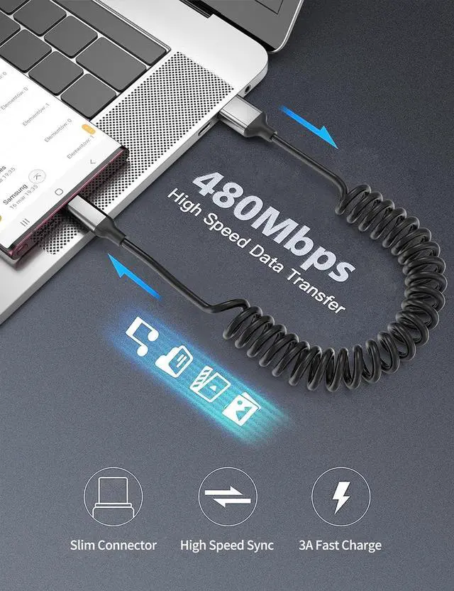 Alt view image 6 of 7 - Coiled USB C Cable for Car 2Pack 3A USB Type C Charger Cable Fast Charging Retractable Android USB A to USB C Charge Cord for  Galaxy S23 S22 S21 S20 S10 Note 20 10 A10e A20 A50 Moto G LG