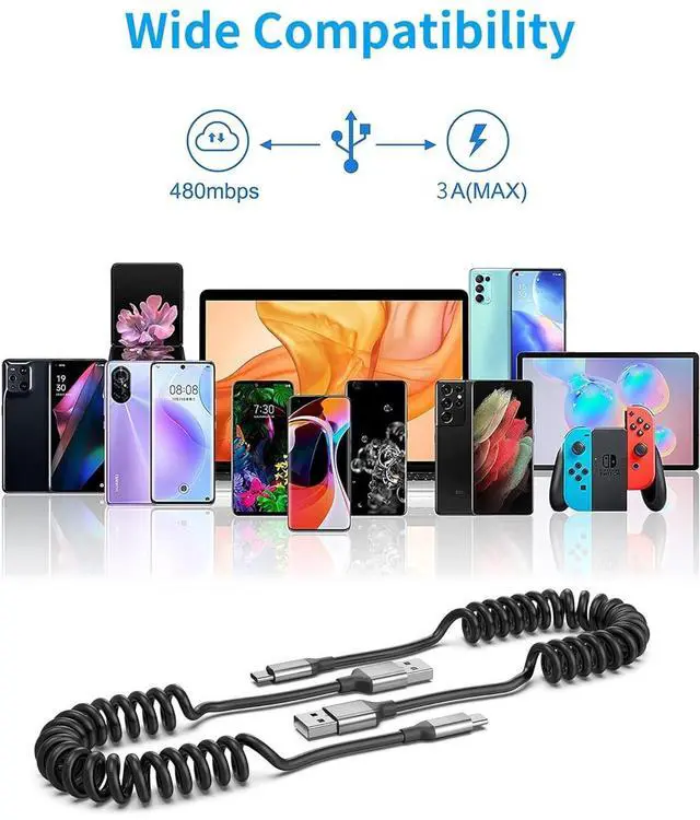 Alt view image 7 of 7 - Coiled USB C Cable for Car 2Pack 3A USB Type C Charger Cable Fast Charging Retractable Android USB A to USB C Charge Cord for  Galaxy S23 S22 S21 S20 S10 Note 20 10 A10e A20 A50 Moto G LG