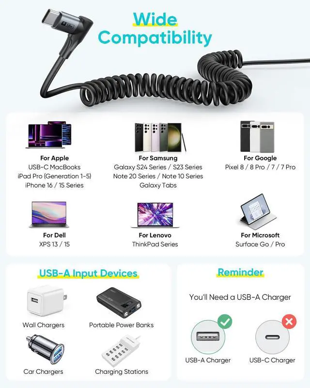 Alt view image 7 of 7 - Right Angle Coiled USB C Cable 3FT [2Pack] 90 Degree USB A to USB C Cable for Android Auto & Carplay USB Type C Charging Cable for iPhone 16 15 Pro/Pro Max/Plus  Galaxy S24 S23 S22