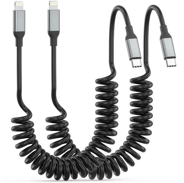 Main image of Coiled USB C to Lightning Cable 2 Pack [MFi Certified] Retractable USB C iPhone Charger PD Fast Charging for Car Short Type C to  CarPlay Cord for iPhone 14 13 12 11 Pro Max XR XS 8 SE iPad
