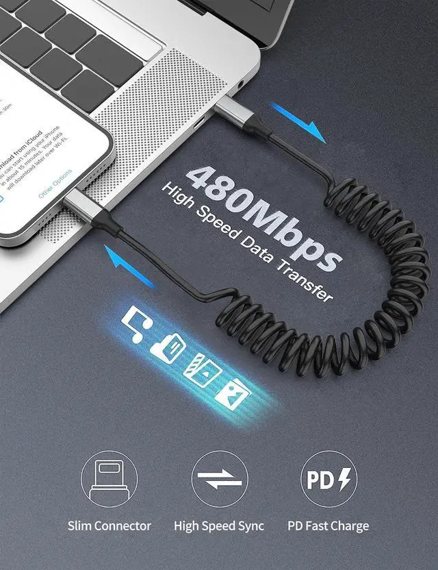 Alt view image 6 of 7 - Coiled USB C to Lightning Cable 2 Pack [MFi Certified] Retractable USB C iPhone Charger PD Fast Charging for Car Short Type C to  CarPlay Cord for iPhone 14 13 12 11 Pro Max XR XS 8 SE iPad