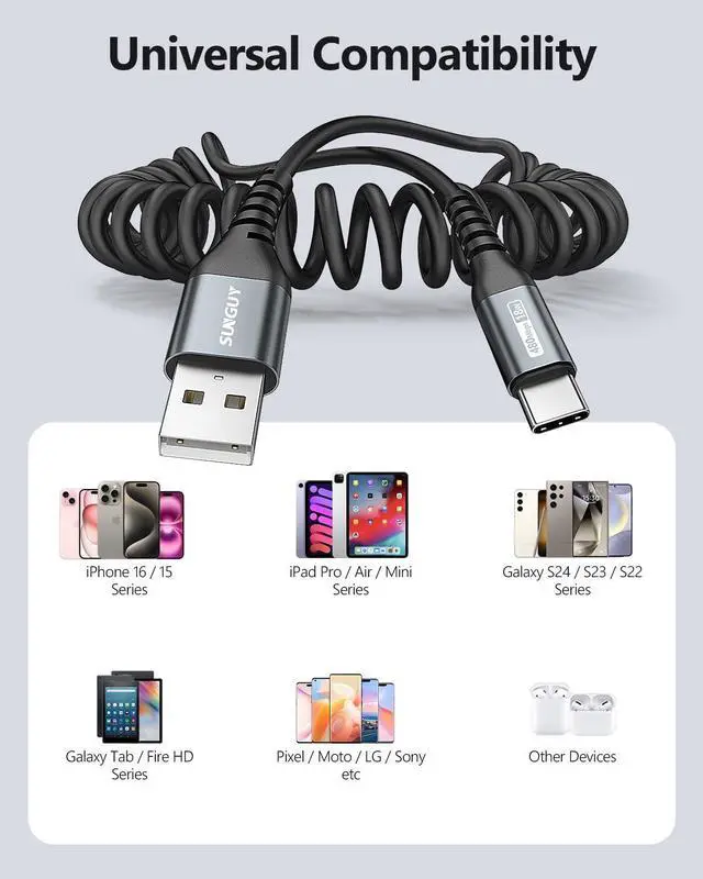 Alt view image 7 of 7 - Coiled USB C Cable 3.3FT Android Auto USB Cable for Car USB C Carplay Cable for iPhone 16 15 Pro/Pro Max/Plus USB A to C Fast Charging Cable  Galaxy S24 S23 S22 S20 S10