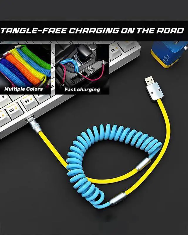 Alt view image 2 of 7 - Curly Chubby New Spring Charge Cable Spiral Braid Fast Charging Cable Phones Tablet Coiled USB C Charger Cable Cord USB-C to USB A Cable Blue+Yellow USB-A to Type-C 2.29FT-3.6FT