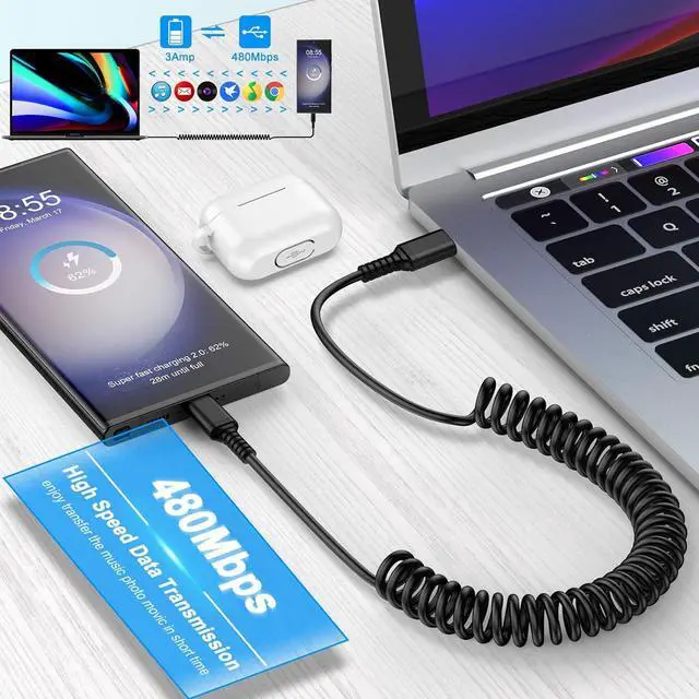 Alt view image 4 of 7 - Coiled USB C Charger Cable Car Carplay 3ft for iPhone 16e 16 Pro Max  Galaxy S25 Edge S25 Ultra S25+ A16 S24 Plus FE Retractable Short Android Auto Fast Charging Type C to C Phone Power Cord