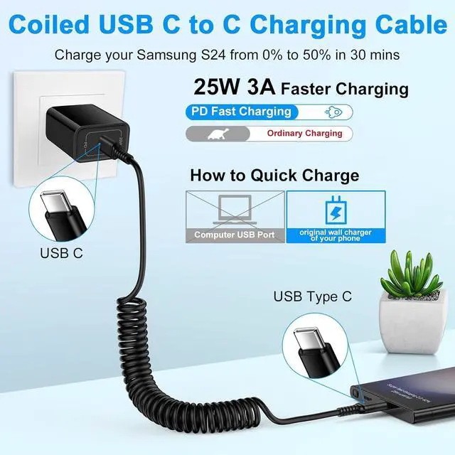 Alt view image 2 of 7 - Coiled USB C Charger Cable Car Carplay 3ft for iPhone 16e 16 Pro Max  Galaxy S25 Edge S25 Ultra S25+ A16 S24 Plus FE Retractable Short Android Auto Fast Charging Type C to C Phone Power Cord