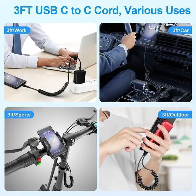 Alt view image 7 of 7 - Coiled USB C Charger Cable Car Carplay 3ft for iPhone 16e 16 Pro Max  Galaxy S25 Edge S25 Ultra S25+ A16 S24 Plus FE Retractable Short Android Auto Fast Charging Type C to C Phone Power Cord