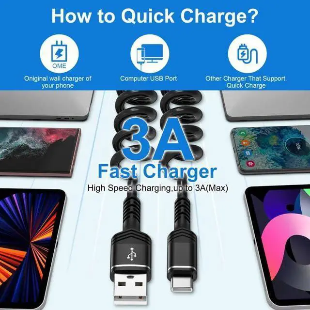 Alt view image 2 of 7 - USB A to USB C Cable Coiled Car Charger Cord 6FT for iPhone 16e 16 Pro Max 16 Plus 16 Pro 16 15 Pro Max 15  Galaxy S24 FE Ultra A15 A35 A55 Fast Charging Retractable Android Auto Phone Wire