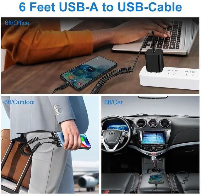 Alt view image 7 of 7 - USB A to USB C Cable Coiled Car Charger Cord 6FT for iPhone 16e 16 Pro Max 16 Plus 16 Pro 16 15 Pro Max 15  Galaxy S24 FE Ultra A15 A35 A55 Fast Charging Retractable Android Auto Phone Wire