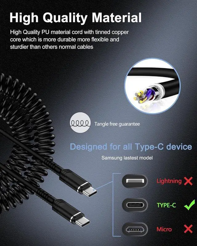 Alt view image 3 of 7 - 4FT Coiled USB C to USB C Cable Retractable 2-Pack USB C Fast Charging Cable Car Short Coiled Type C Cable for iPhone 16e/16/16 Pro/15/15 Plus/15 Pro Galaxy S24/S23/S22 and More Type C Devices