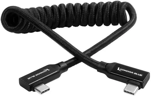 Main image of | 12-24 Coiled USB-C 3.2 Right Angle Braided Cable for 8K Data and Power Delivery | 20 Gb/s Transfer Speed USB PD 100W Charging & Compatible with Thunderbolt 3 | Black
