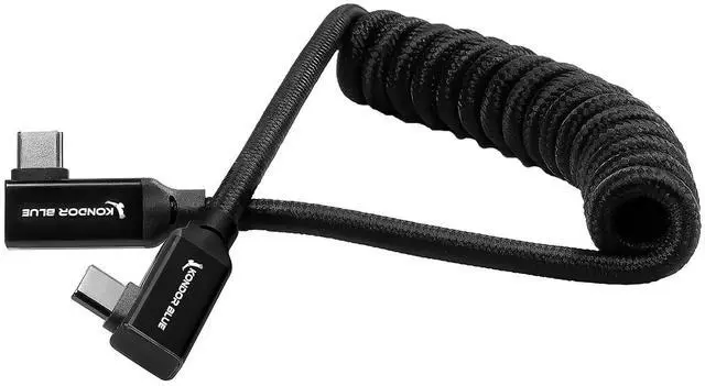 Alt view image 3 of 3 - | 12-24 Coiled USB-C 3.2 Right Angle Braided Cable for 8K Data and Power Delivery | 20 Gb/s Transfer Speed USB PD 100W Charging & Compatible with Thunderbolt 3 | Black