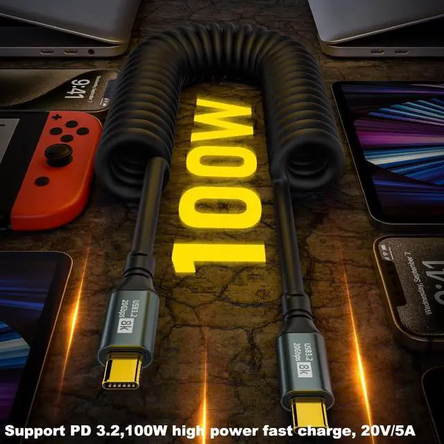 Alt view image 2 of 6 - 20Gbps USB Type C Coiled Cable 100W PD QC Cord Straight Male to 90 Degree Up & Down Angle Male USB C Cable 8K@60Hz 6ft