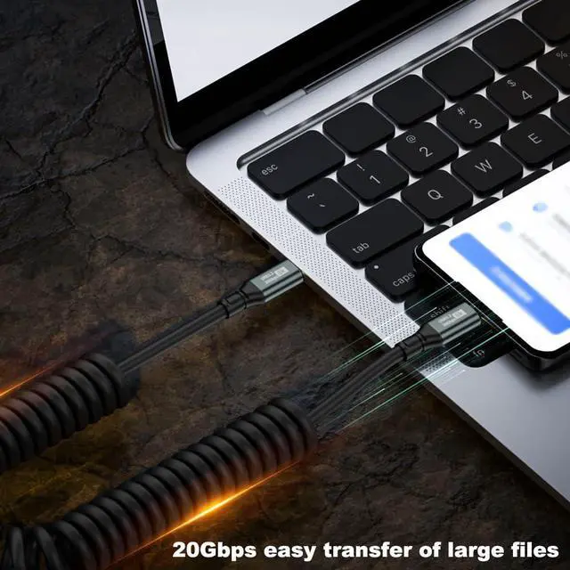 Alt view image 3 of 6 - 20Gbps USB Type C Coiled Cable 100W PD QC Cord Straight Male to 90 Degree Up & Down Angle Male USB C Cable 8K@60Hz 6ft