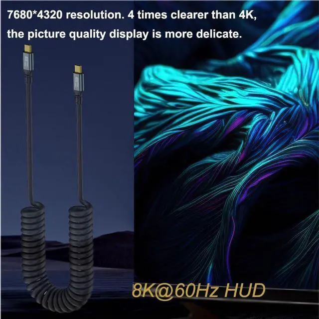 Alt view image 5 of 6 - 20Gbps USB Type C Coiled Cable 100W PD QC Cord Straight Male to 90 Degree Up & Down Angle Male USB C Cable 8K@60Hz 6ft