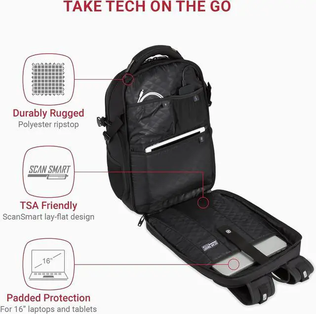 Alt view image 2 of 7 - Travel Tech Elite Laptop Backpack  Fits Laptops up to 16  ScanSmart TSA-Friendly Backpack with USB Port Shoe Compartment & Organizer Pockets  Black