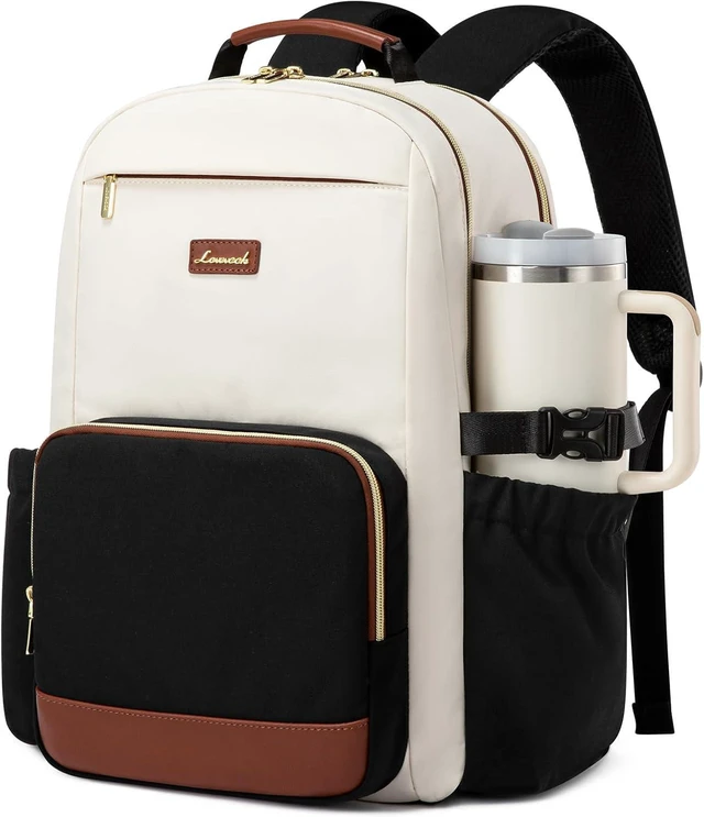 Main image of Laptop Backpack for Women with Pouch Pocket for Large Capacity Cup 15.6 Inch Laptop Computer Bag Travel Backpack Purse Waterproof Work Business Backpack College Teacher Bags Beige-Black-Brown