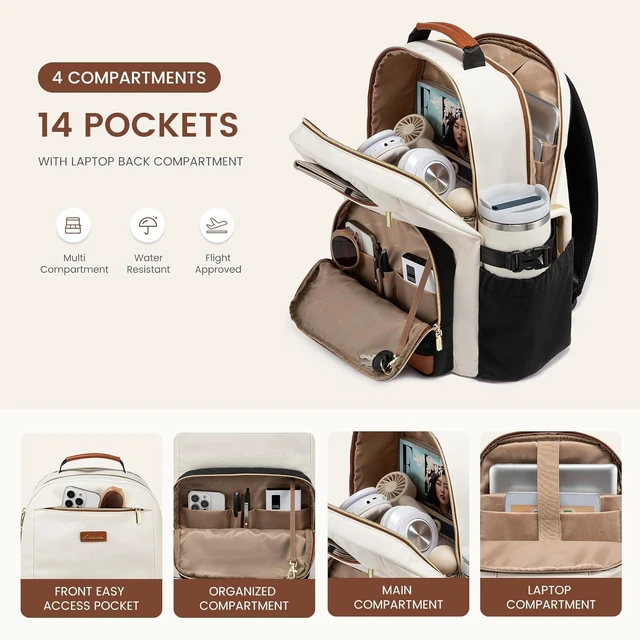 Alt view image 3 of 7 - Laptop Backpack for Women with Pouch Pocket for Large Capacity Cup 15.6 Inch Laptop Computer Bag Travel Backpack Purse Waterproof Work Business Backpack College Teacher Bags Beige-Black-Brown