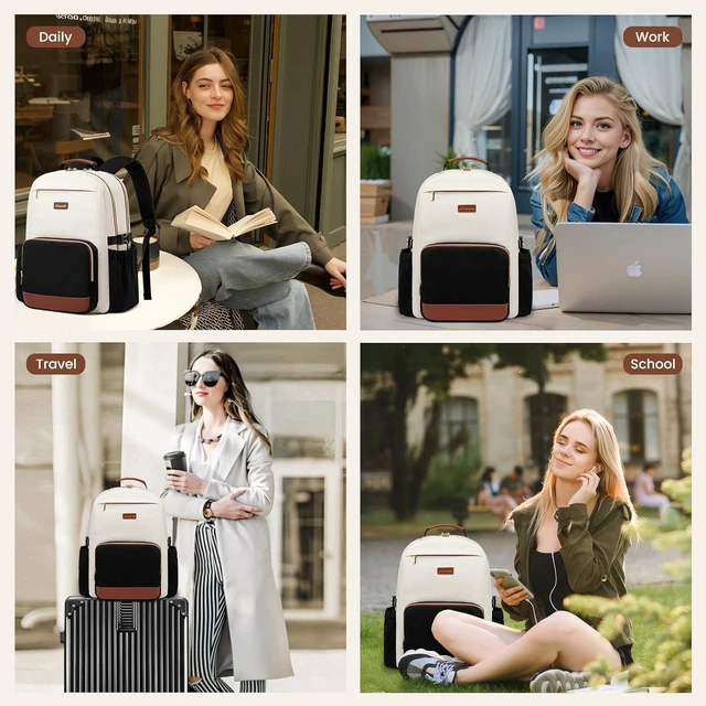 Alt view image 7 of 7 - Laptop Backpack for Women with Pouch Pocket for Large Capacity Cup 15.6 Inch Laptop Computer Bag Travel Backpack Purse Waterproof Work Business Backpack College Teacher Bags Beige-Black-Brown